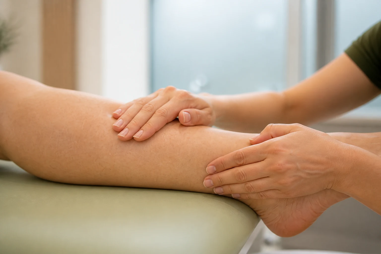 Nahaufnahme einer medizinischen Lymph- und Ödemtherapie am Bein