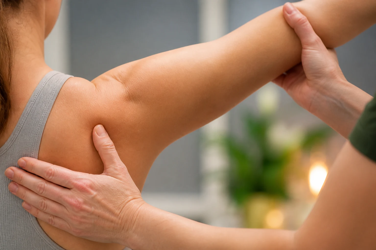 Nahaufnahme einer physiotherapeutischen Funktionsprüfung an Schulter und Arm